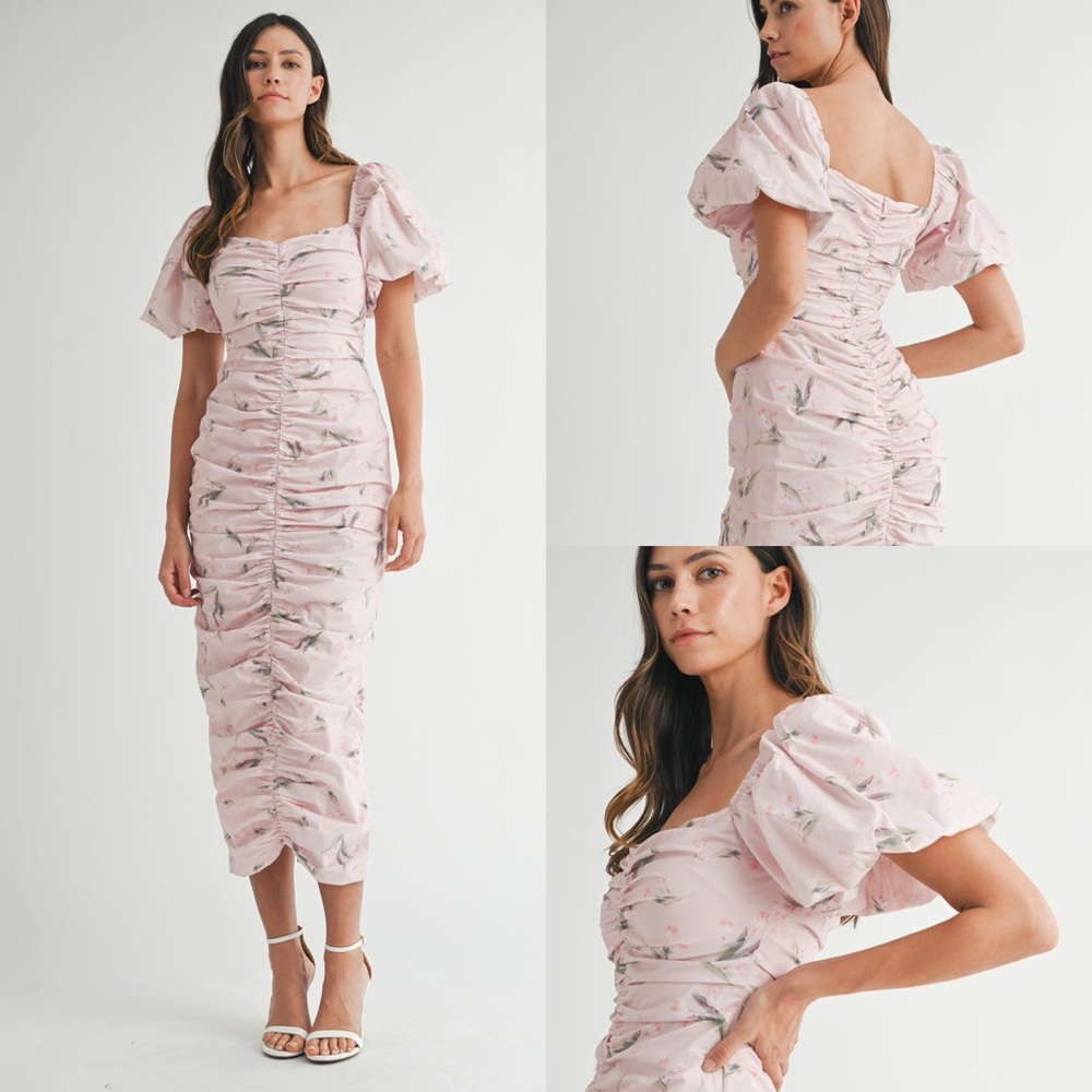Mable Blush Pink flirty feminine floral rusched dress size Large L new - Picture 5 of 14